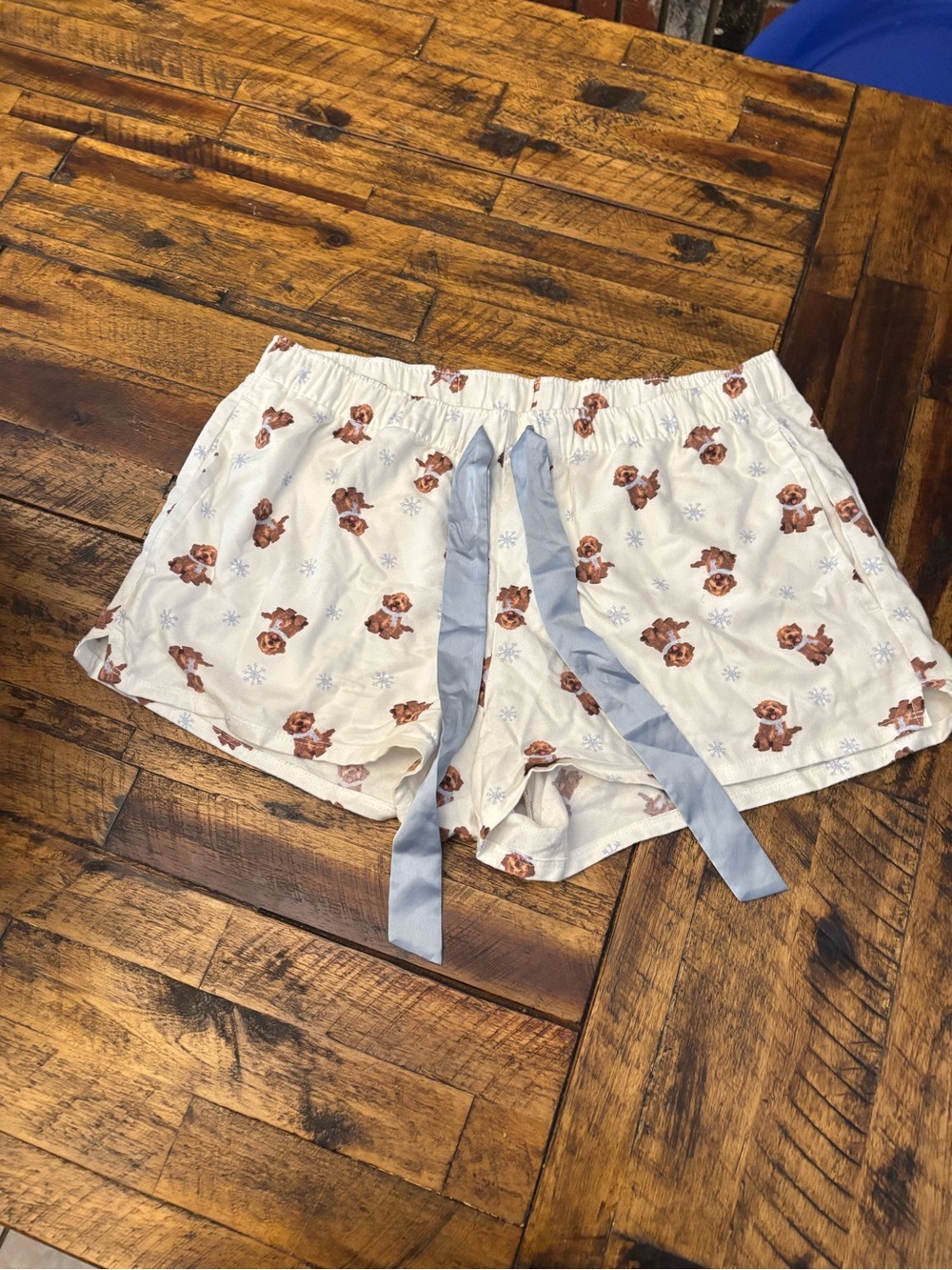 Hollister Cream Puppy Print Pajama Shorts with Blue Tie
